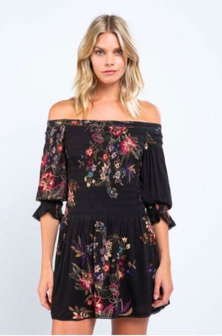 Black floral off the shoulder mini dress front view