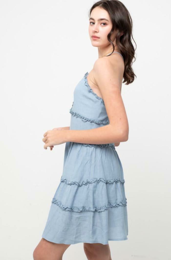 Gina Chambray Blue Ruffle Mini Dress -  BohoPink