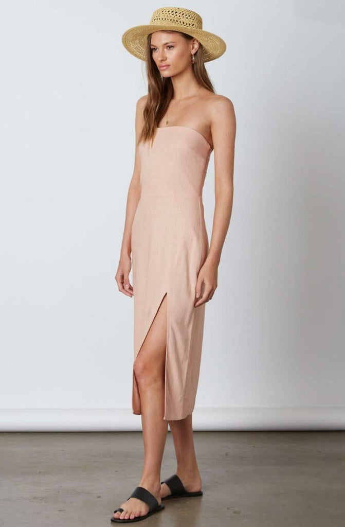 Blush Pink Strapless Midi Dress with Side Slit