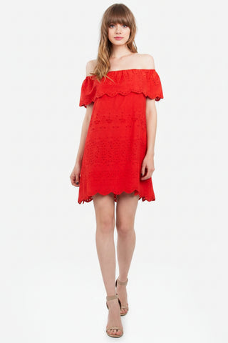 Alegre Red Off-The-Shoulder Ruffle Dress styled with strappy heels