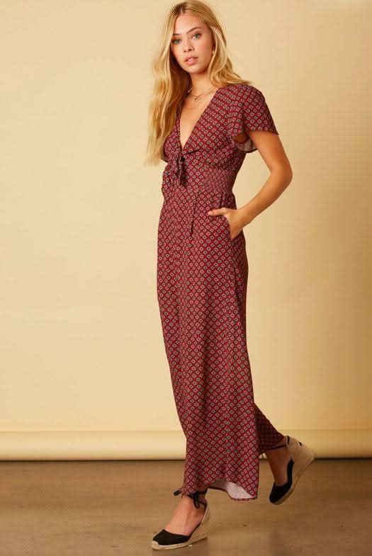 Bella Mia Burgundy Print Jumpsuit a cute short sleeve jumpsuit with flowy pants