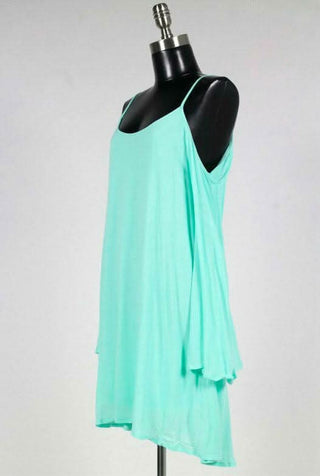 Mint cold shoulder shift dress with long bell sleeves - side view