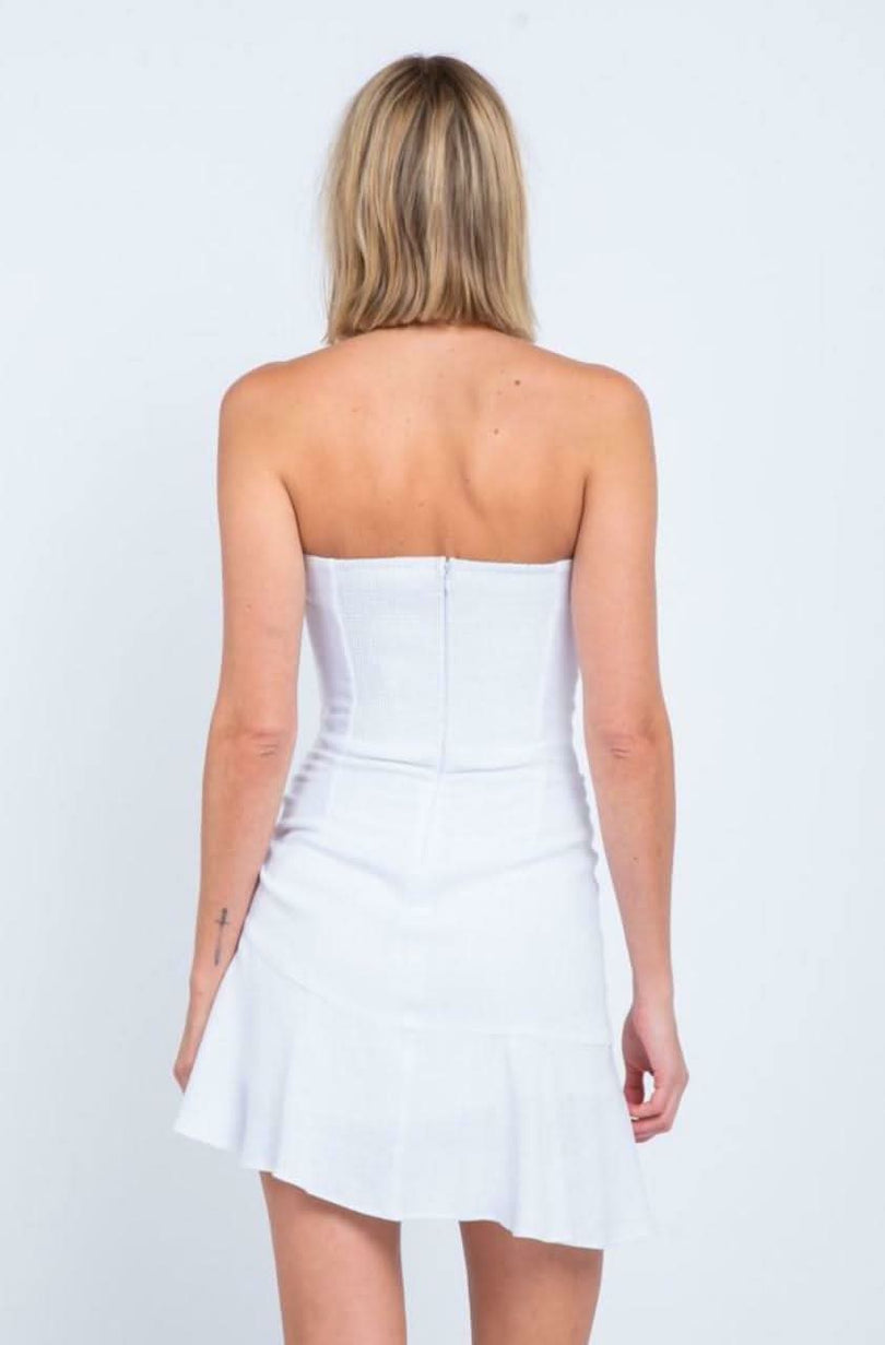 Demi White Strapless Mini Dress from our white graduation dress boutique
