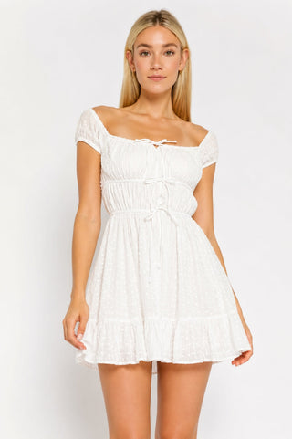 Graduation Dresses - Lexi White Swiss Dot Off-the-Shoulder Skater Dress - Front View