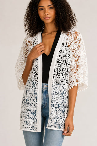 Watch and Learn White Crochet Lace Kimono - Front View