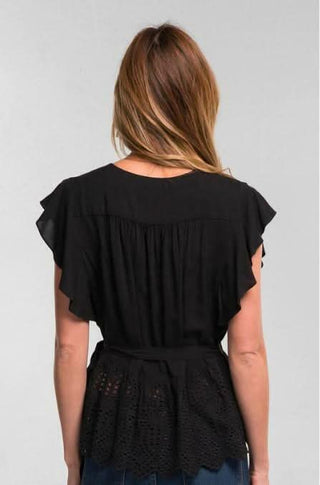 Once Again black ruffle sleeve wrap top - casual bohemian eyelet blouse for women
