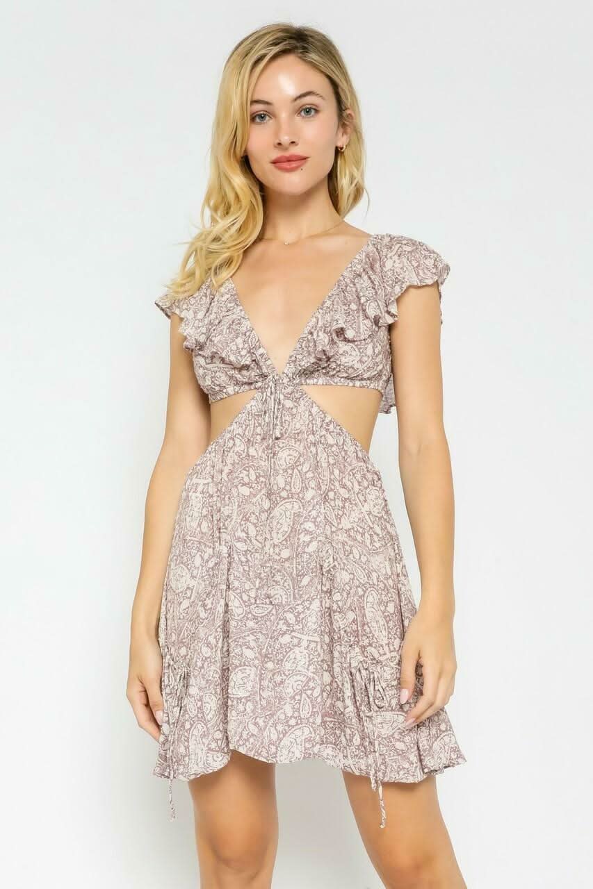 Luna Purple Dusk Paisley Mini Dress Boho Cutout Ruffle V-Neck | Size L Luna Purple Dusk Paisley Mini Dress Boho Cutout Ruffle V-Neck | Size L