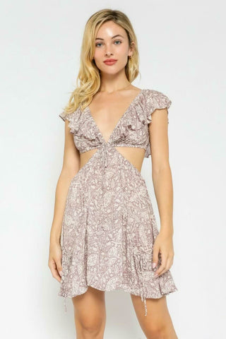 Luna Purple Dusk Paisley Cutout Ruffle Mini Dress - Front View