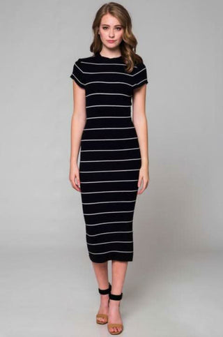Black & white striped midi sweater dress front view