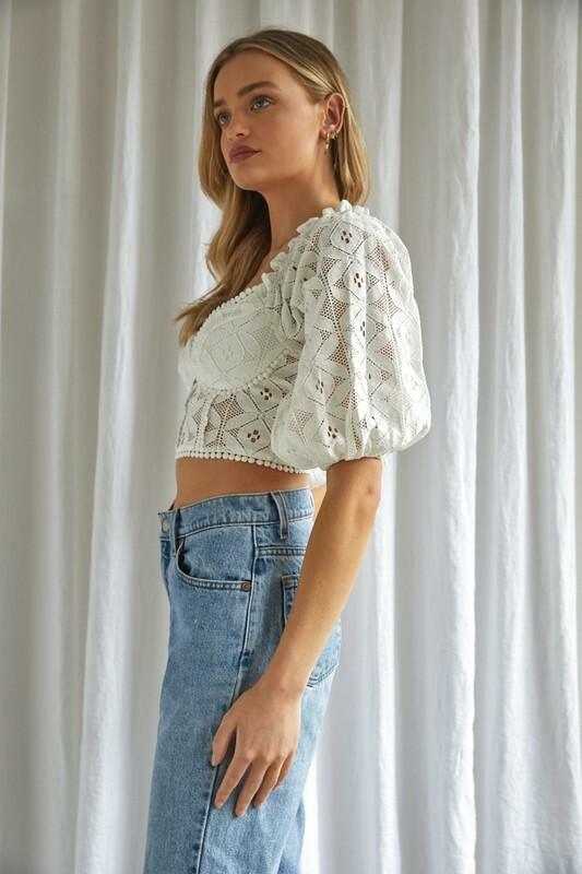 White Lace Half Puff Sleeve Bustier Crop Top