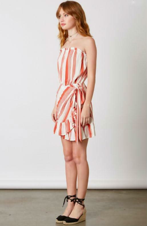 White and Red Striped Strapless Dress