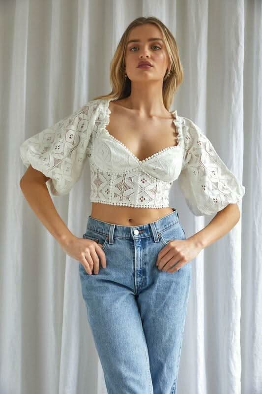 White Lace Crop Top Bustier Puff Sleeve Top Boho Pink