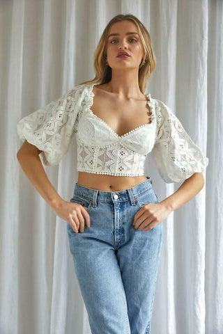 White Lace Puff Sleeve Crop Top