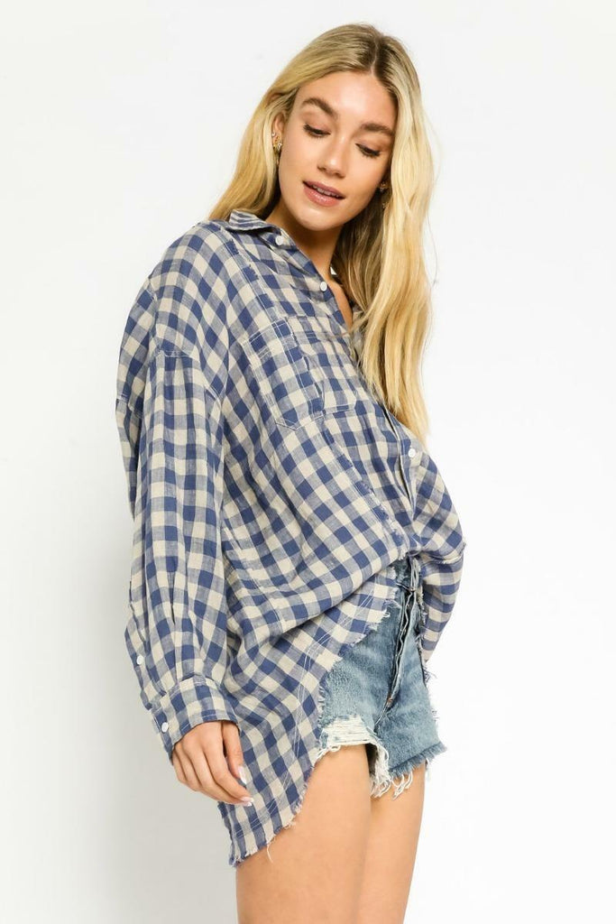 Blue Gingham Long Sleeve Button-Up Top