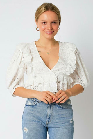 Take Me With You White Eyelet Puff Sleeve Top - Front View
