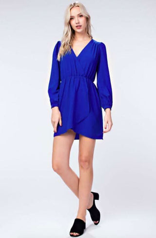 Hannah Royal Blue Long Sleeve Wrap Dress styled with block heels