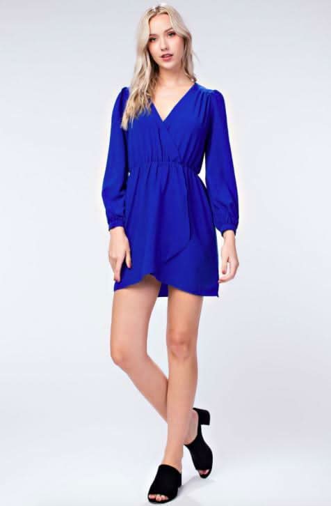 Blue Long Sleeve Wrap Mini Dresses