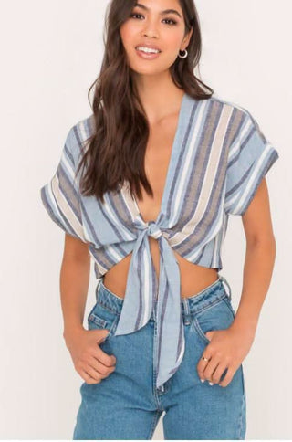 striped linen crop top with plunging neckline