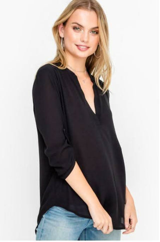 See That Girl Black Roll Tab Sleeve Top - Side View