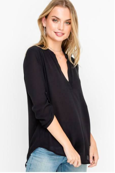 Flowy Black Roll Tab Sleeve Top
