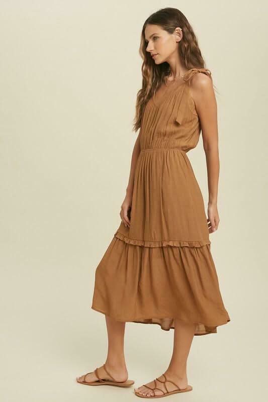 Brown Tie-Strap Midi Dress