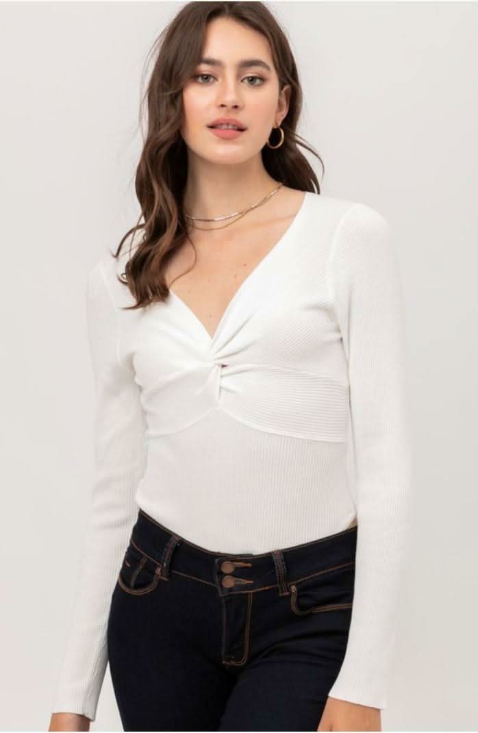 Kelli White Ribbed Long Sleeve Bodysuit -  BohoPink