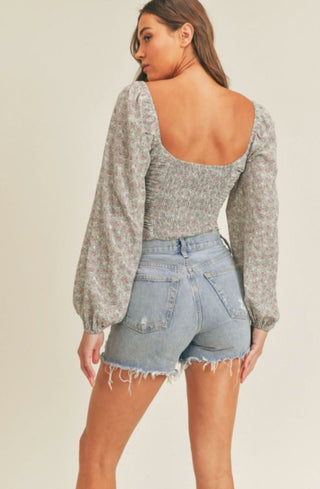 Lush Sweet Blooms Dusty Blue Floral Print Long Sleeve Crop Top - Back View 