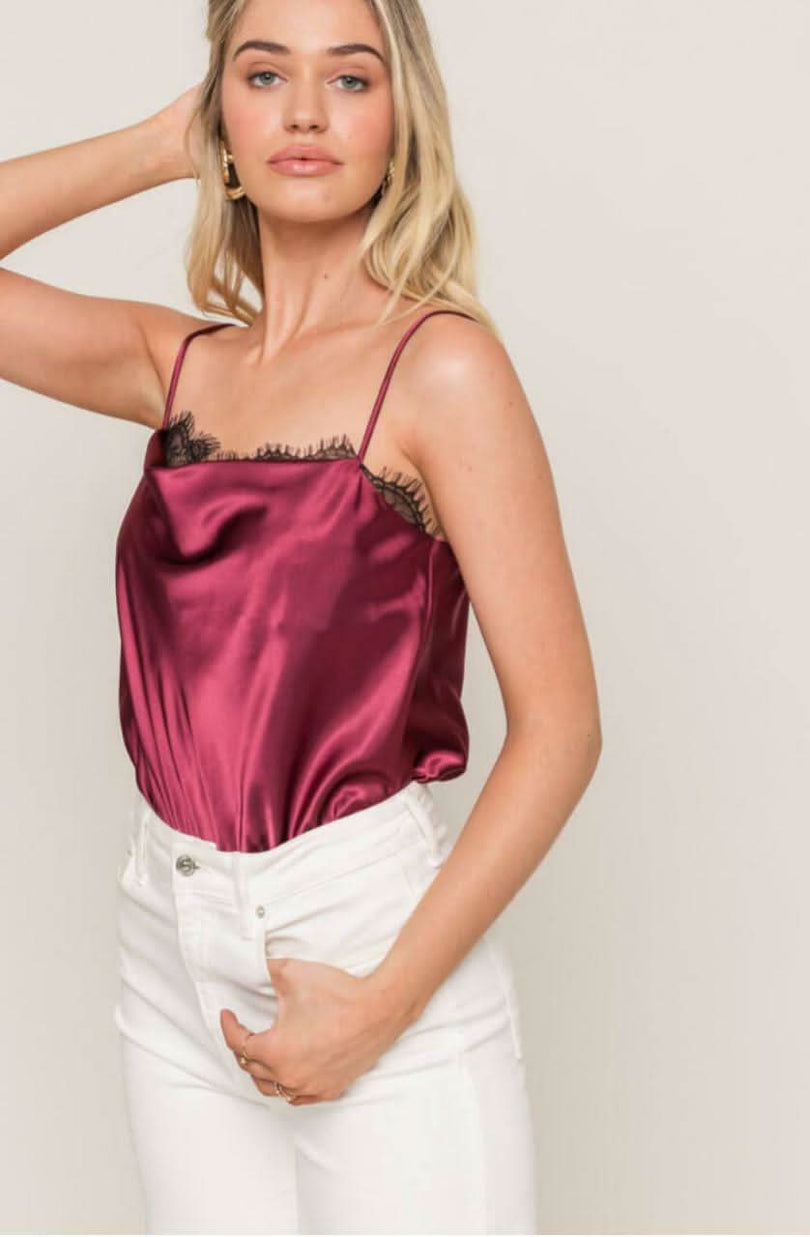 Wine Satin Lace Trim Bodysuit