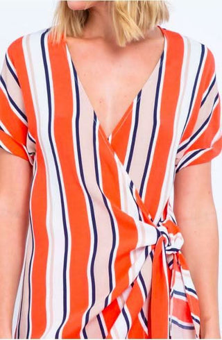 Striped Mini Short Sleeve Wrap Dress