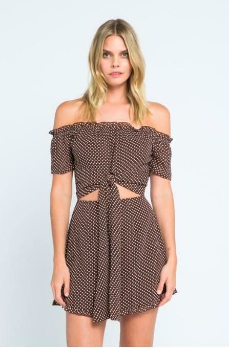 Skylar + Madison San Tropez Brown Polka Dot Off-the-Shoulder Mini Dress - Size S - Front-Tie Cutout Waist Skylar + Madison San Tropez Brown Polka Dot Off-the-Shoulder Mini Dress - Size S - Front-Tie Cutout Waist