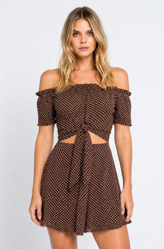San Tropez Brown Polka Dot Off-the-Shoulder Mini Dress - Front View