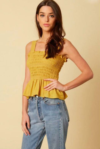 Mustard smocked summer tank top front view