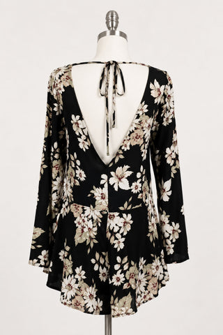 Revelation Black Floral Long Sleeve Romper - Back View