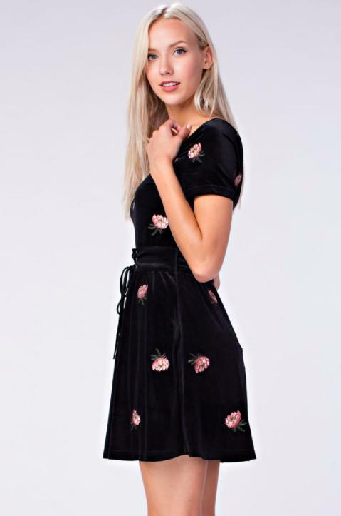 Floral Velvet Short Sleeve Mini Dress