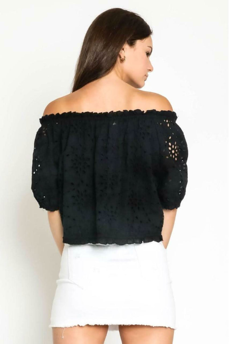 Kaylee Black Eyelet Off-the-Shoulder Crop Top -  BohoPink
