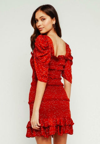 Naomi Red Dot Smocked Puff Sleeve Mini Dress back
