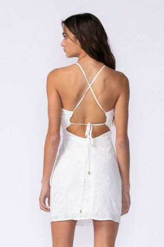 white eyelet graduation dress with halter neck and open back