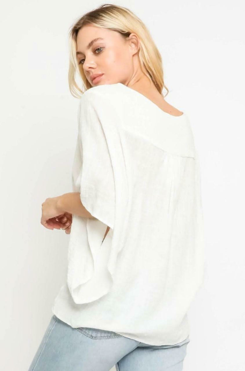 White Button-Down Poncho Blouse