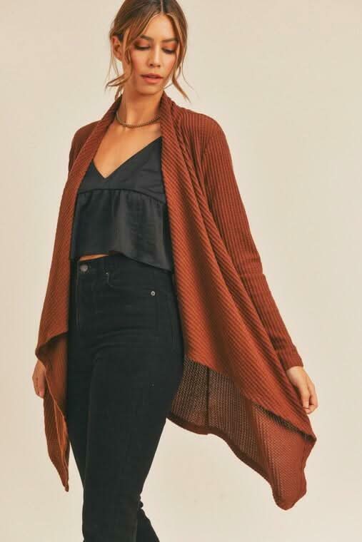Brown Waffle Knit Waterfall Cardigan 