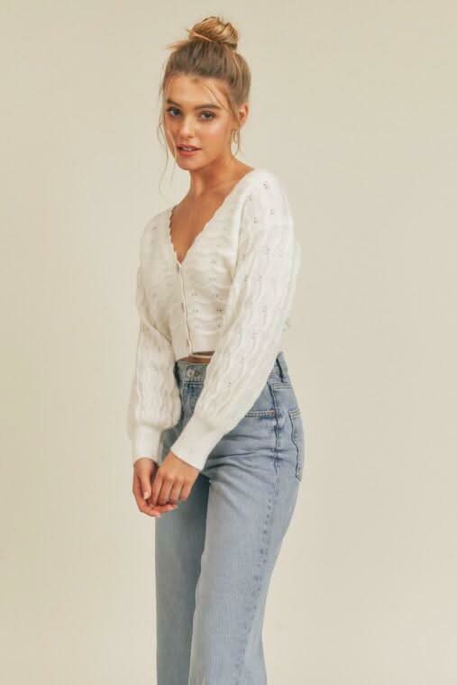 White Cropped Puff Sleeve Cardigan