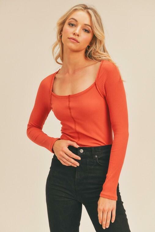Red Long Sleeve Ribbed Top