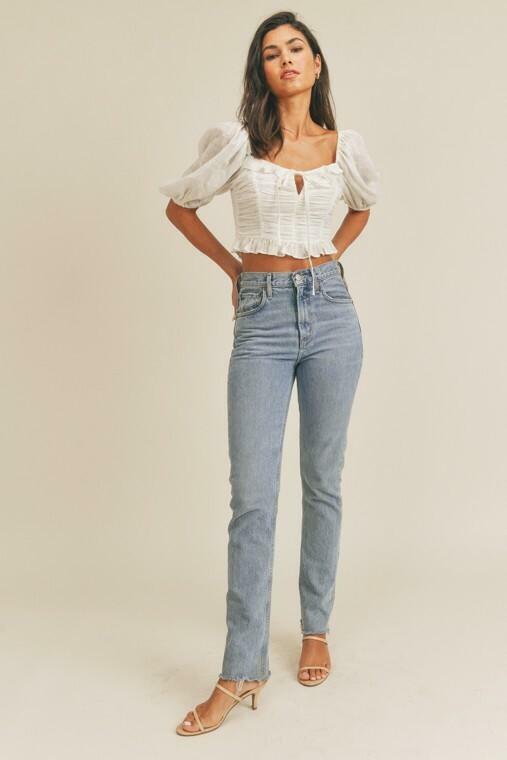 Kimberly White Square Neck Puff Sleeve Crop Top -  BohoPink