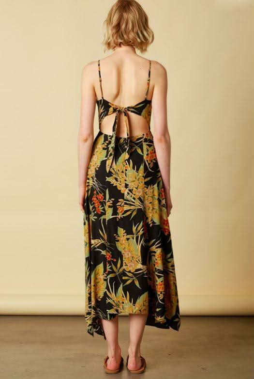 Black Tropical  Print Tie Back Midi Dress