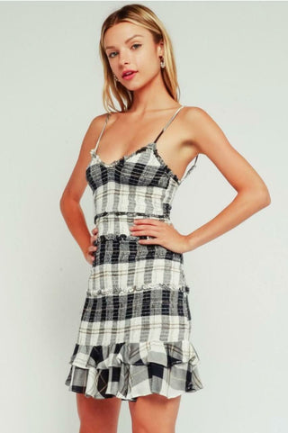 Rhea Black and Cream Plaid Print Smocked Ruffle Mini Dress sie angle