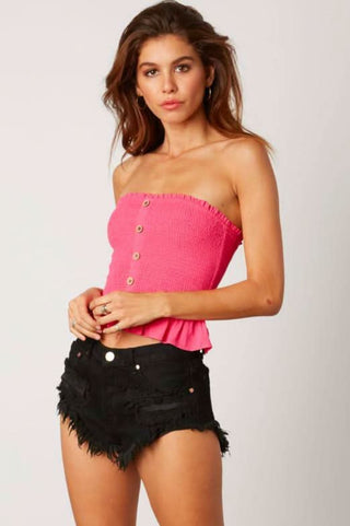 Fuchsia pink smocked peplum tube top with button-front detail