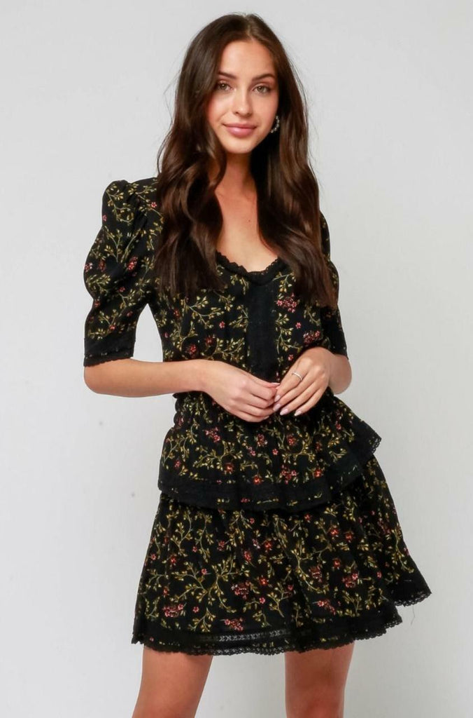 Black Floral Puff Sleeve Mini Dress