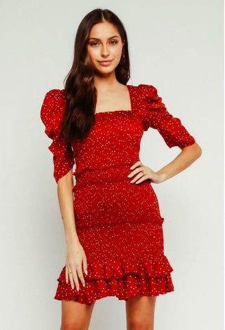 Naomi Red Dot Smocked Puff Sleeve Mini Dress front