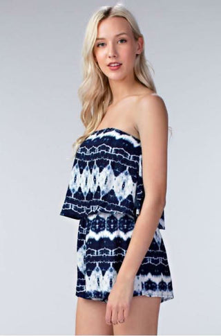 seaside navy tie-dye strapless romper angled front view