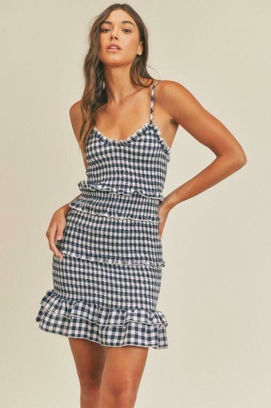 Navy Blue Gingham Smocked Ruffle Mini Dress 