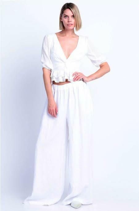 Champs-Élysées White Swiss Dot Ruffle Top, a white crop top 